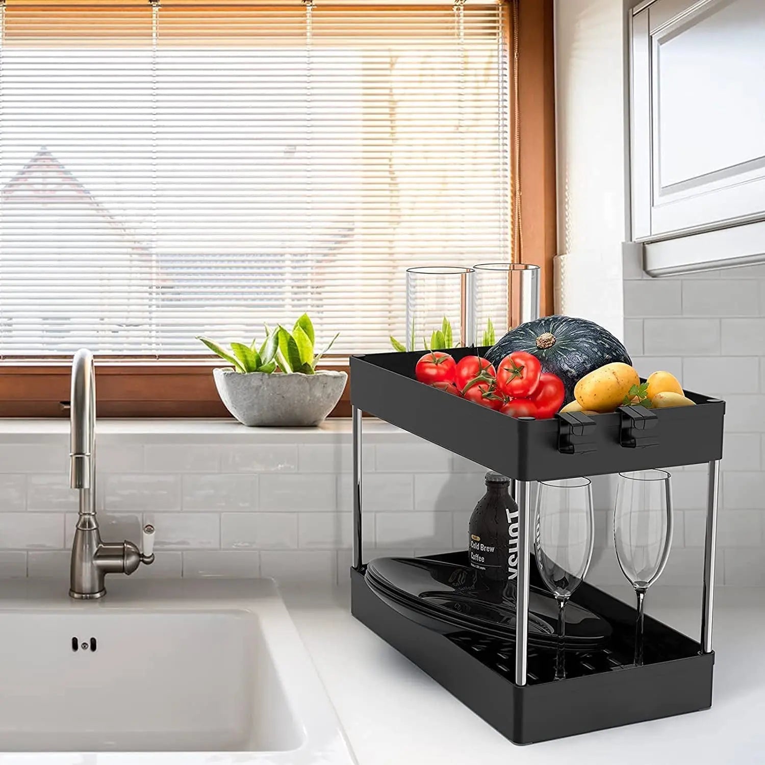 Under Sink Organizer- 2 Tier under Bathroom Sink Organizers Storage,Bath Collection Baskets with Hook, Black under Sink Shelf Organizer Rack,Multi-Purpose under Sink Storage for Bathroom Kitchen