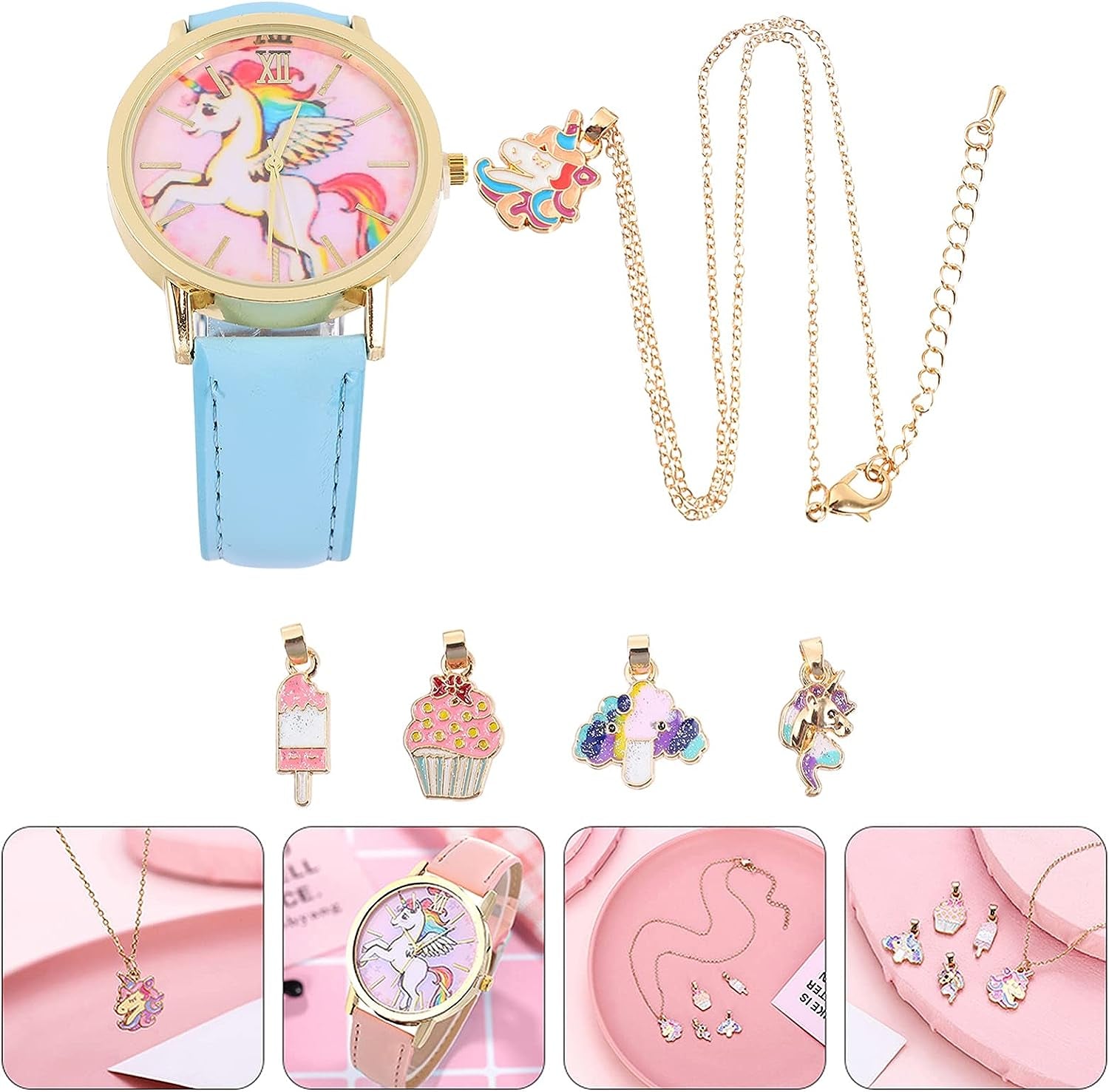 1Set6Pcs Cartoon Children Gift Kids Toddler of D Child- Girl and Year- Wrist for Baby Pendant Watch, Bracelet Girls Holiday Watches- Blue Necklace Unicorn Assorted