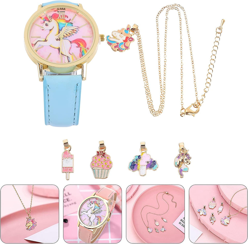 1Set6Pcs Cartoon Children Gift Kids Toddler of D Child- Girl and Year- Wrist for Baby Pendant Watch, Bracelet Girls Holiday Watches- Blue Necklace Unicorn Assorted
