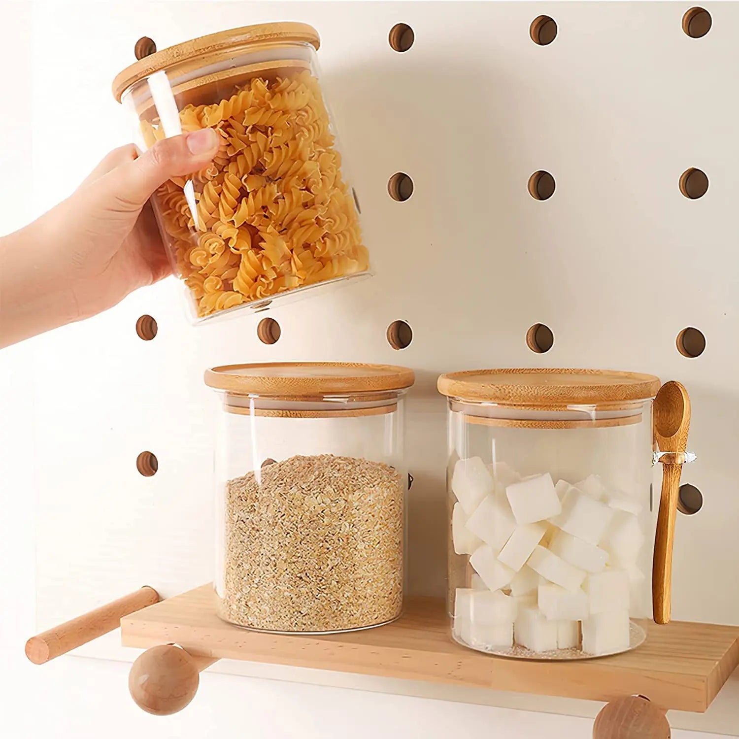 4 Pack Glass Jars with Bamboo Lid & Bamboo Spoons, 18 OZ Glass Food Storage Jars Borosilicate Glass Canisters for Coffee Bean, Sugar, Storage, Dry Goods, Cookie, Candy, Tea, Spices and More