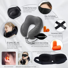 Load image into Gallery viewer, Travel Pillow Neck Support,Memory Foam Neck Pillows for Travel Airplane, 360-Degree Head Support,Travel Kit with 3D Contoured Eye Masks,Earplugs.
