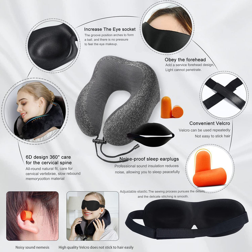 Travel Pillow Neck Support,Memory Foam Neck Pillows for Travel Airplane, 360-Degree Head Support,Travel Kit with 3D Contoured Eye Masks,Earplugs.