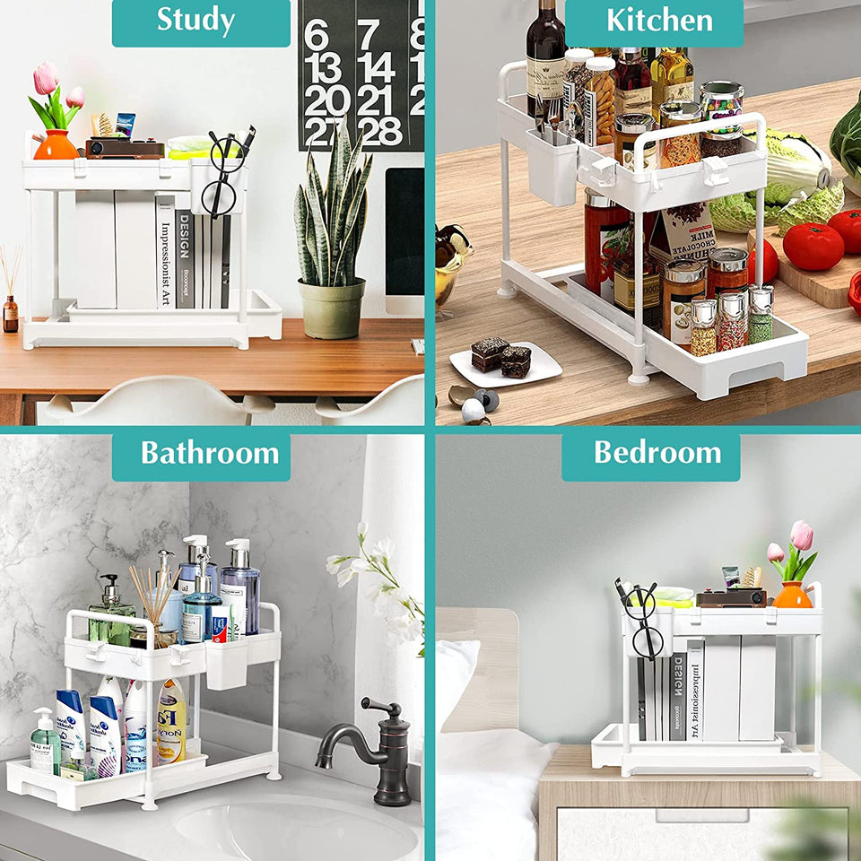 under Sink Organizers and Storage, Kitchen Storage Rack 2 Tier Drawer Pull-Able Cabinet Basket Organizer Bathroom Storage Rack with Hooks, DIY Removable Dividers (White)