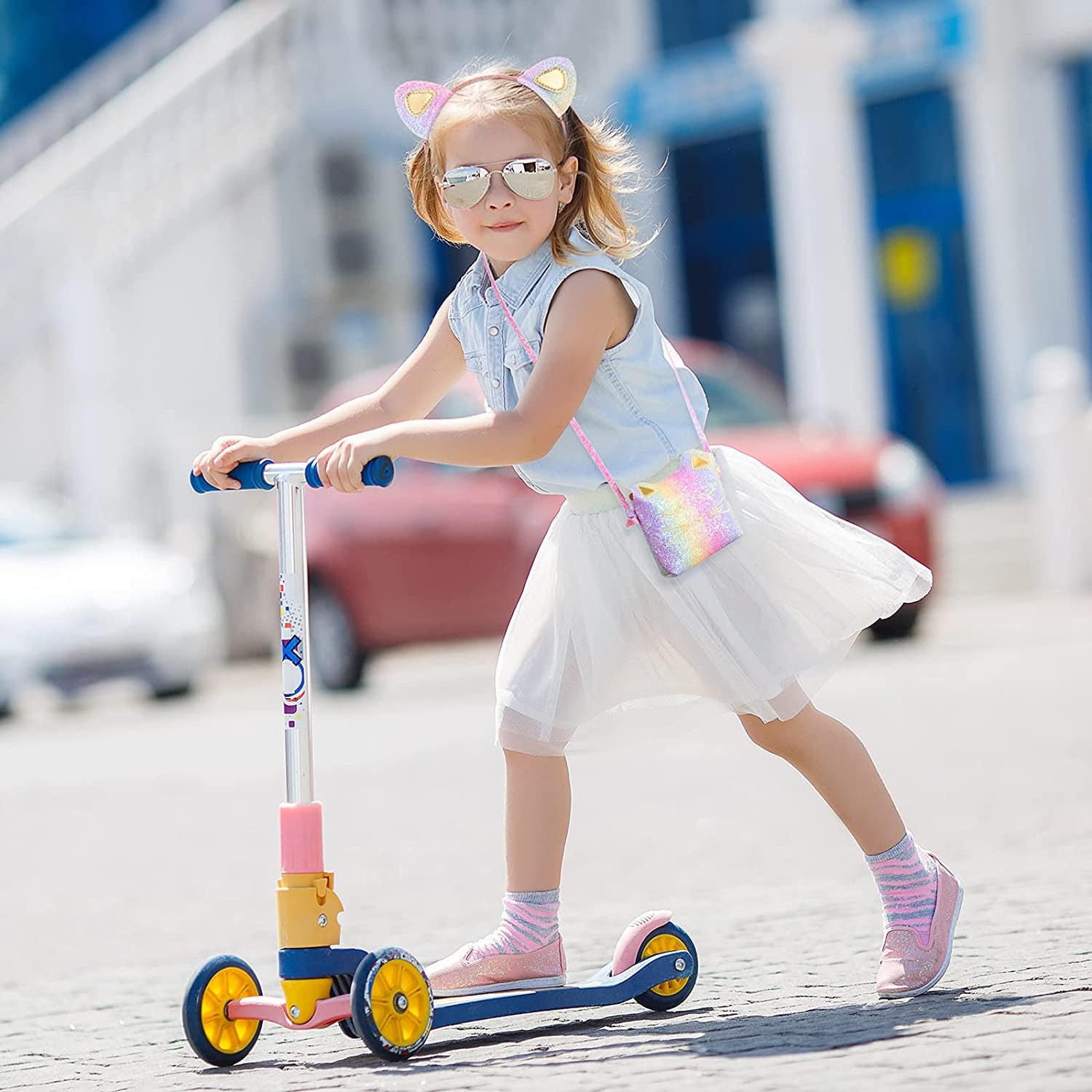 3 Pcs Cat Shoulder Bag Set, Cute Hand Bags Handbag with Mini Coin Purse Cat Headband for Christmas Girl Birthday, Glitter Rainbow Color