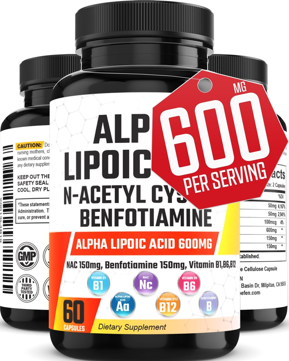 Alpha Lipoic Acid 𝟔𝟎𝟎𝐦𝐠 N-Acetyl Cysteine 150Mg Benfotiamine 150Mg Supplement with Vitamin B1 B6 - Support Focus, Brain Health & Overall- Alpha Lipoic Acid Capsules NAC Pills Benfotiamine Caps