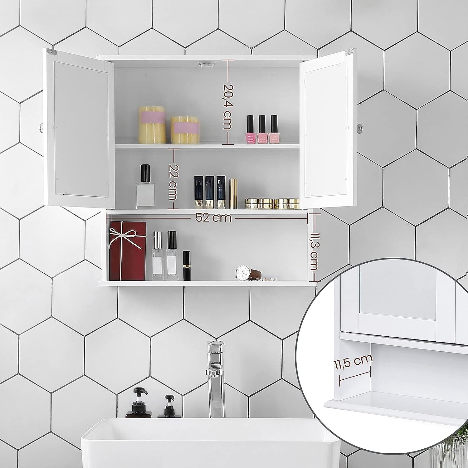 Double Mirror Doors Bathroom Cabinet, Wall Cabinet, Storage Cupboard, Wall-Mounted Storage Unit, Adjustable Height Shelves, 56 X 13 X 58 Cm, White LHC002