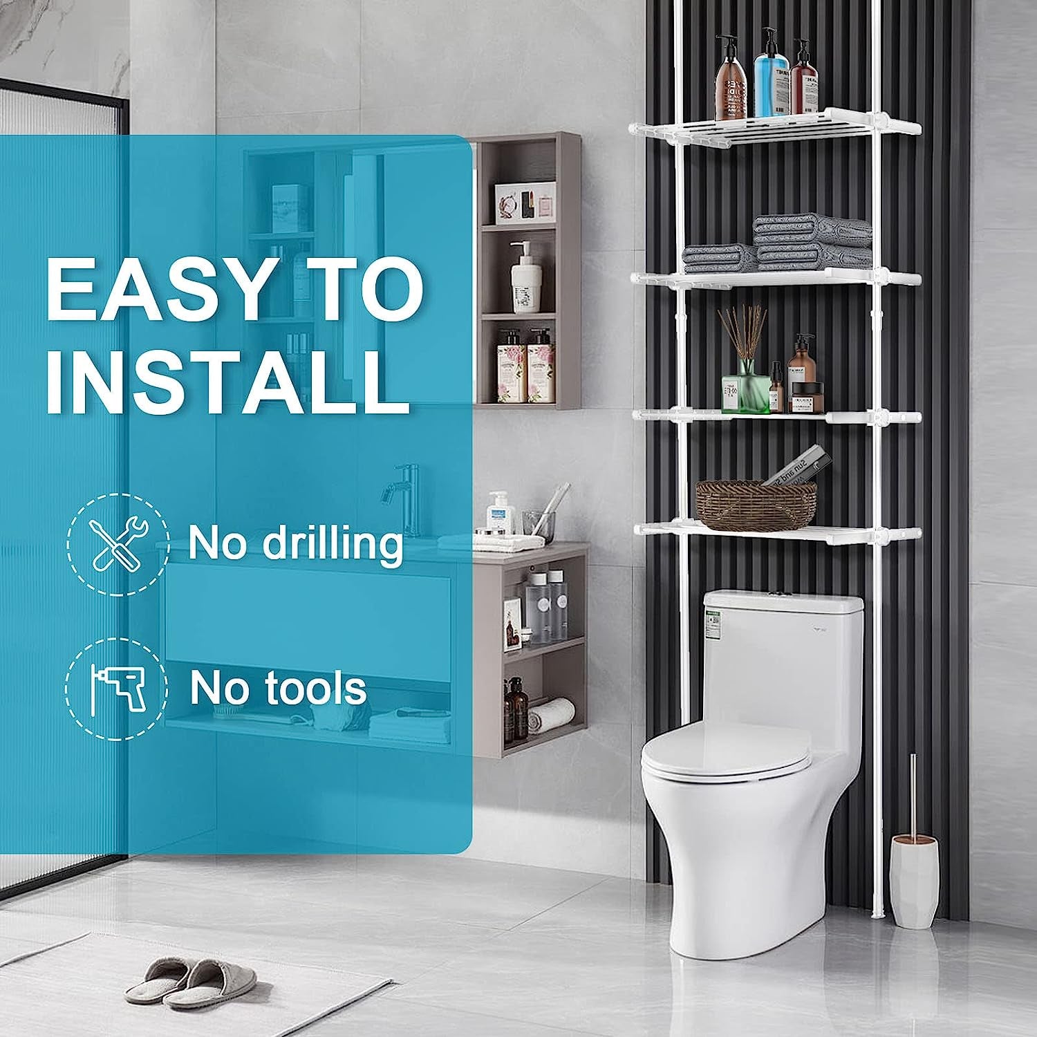 Bathroom Organizer, 4-Tier Over-The-Toilet Storage, Adjustable Floor to Ceiling Storage Cabinet, Metal Bathroom Shelves for Small Room, Saving Space, 65 to 116 Inch Tall, White