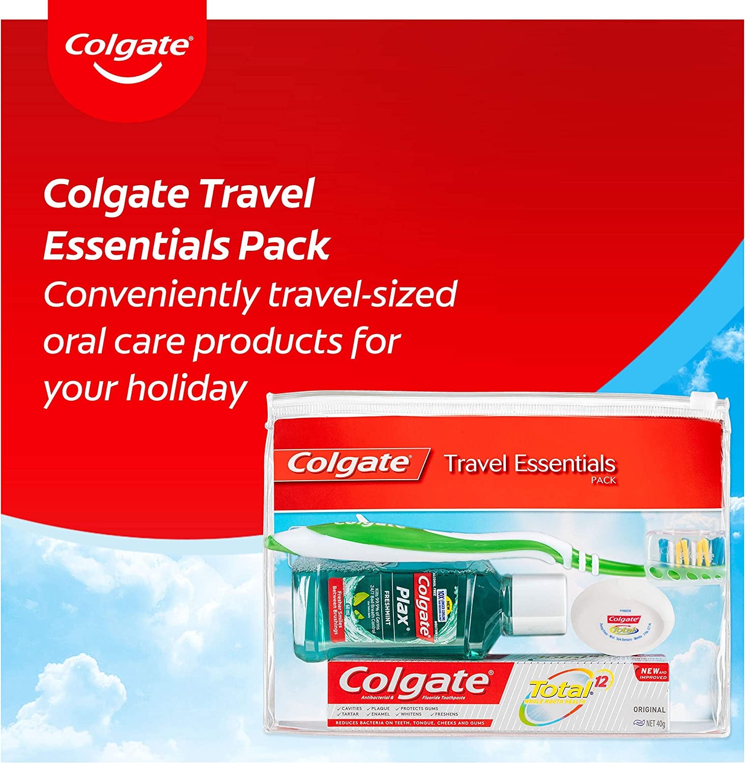 Travel Essentials Kit, 1 Pack, Toothbrush, Toothpaste, Mouthwash, Floss and Travel Bag Pack