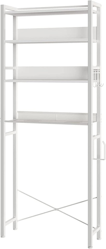 over the Toilet Storage, 4-Tier Wooden Bathroom Space Saver with Hooks, Freestanding Bathroom Organizer, Multifunctional over the Toilet Storage Rack, Bathroom Toilet Rack, White