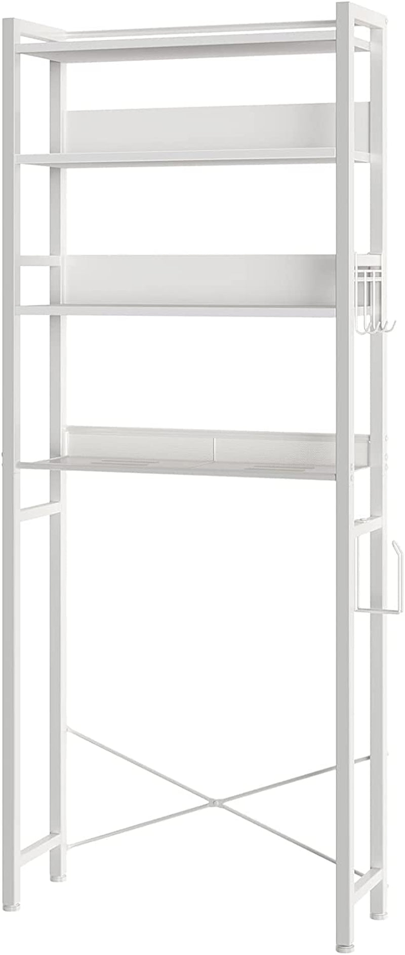 over the Toilet Storage, 4-Tier Wooden Bathroom Space Saver with Hooks, Freestanding Bathroom Organizer, Multifunctional over the Toilet Storage Rack, Bathroom Toilet Rack, White