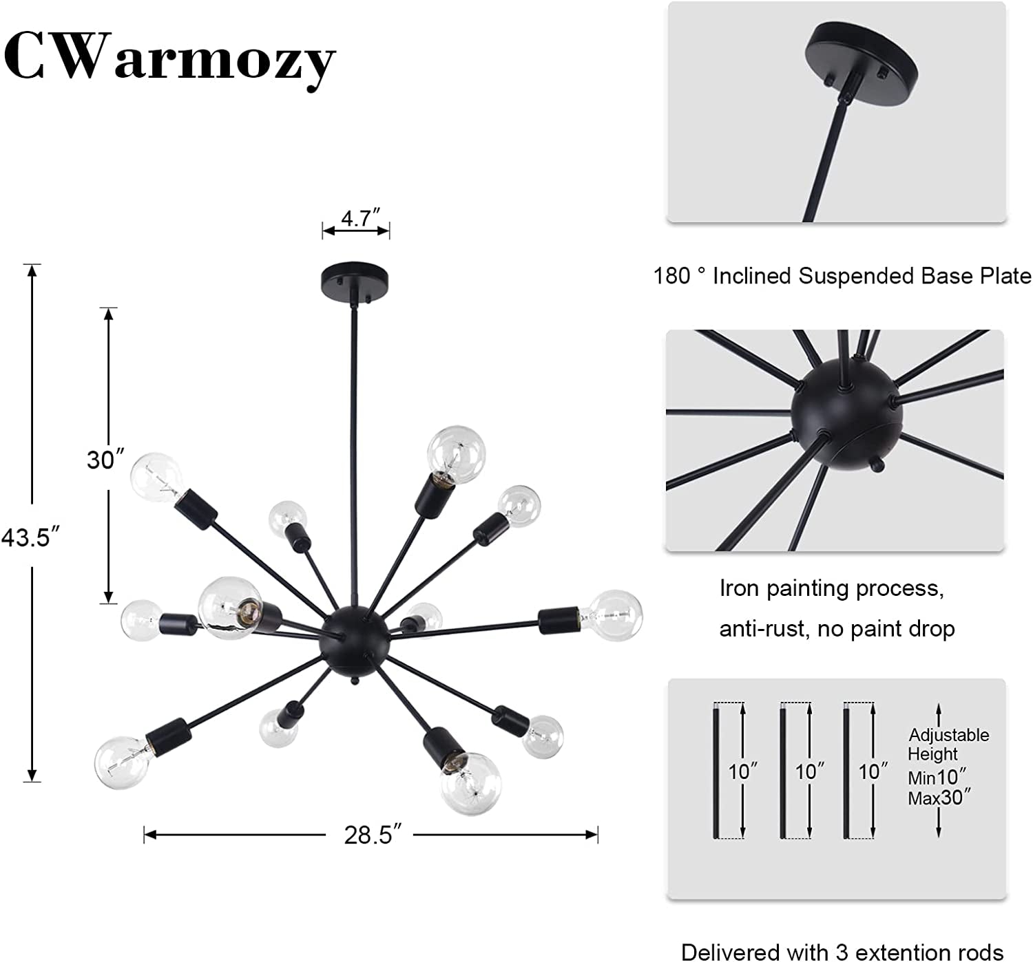 Matte Black Sputnik Chandelier 12 Lights Adjustable Modern Chandeliers for Dining Room Ceiling Lighting Fixtures Hanging Vintage Industrial Pendant Lighting for Kitchen Island Hallway Bedroom