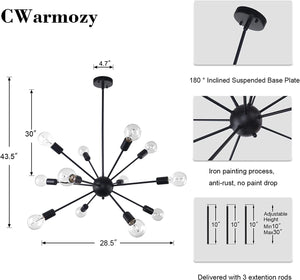 Matte Black Sputnik Chandelier 12 Lights Adjustable Modern Chandeliers for Dining Room Ceiling Lighting Fixtures Hanging Vintage Industrial Pendant Lighting for Kitchen Island Hallway Bedroom