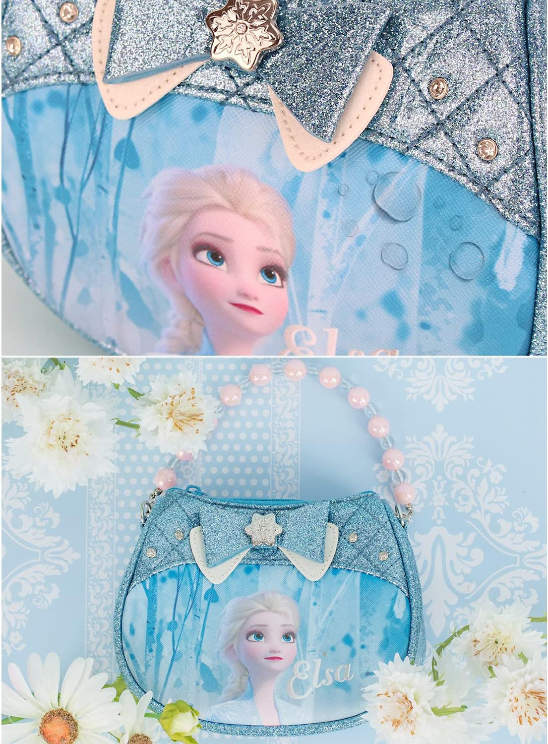Frozen II Elsa Small Cute Arendelle Handbag - Travel Anime Purse Tote Bag for Little Girls with Multi-Storage and Detachable Shoulder Strap, Sky Blue, Small
