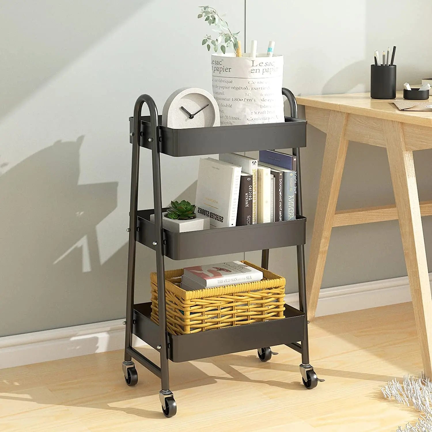 3 Tier Utility Rolling Cart, Heavy-Duty Mesh Storage Cart with Locking Wheels, Metal Mobile Trolley Cart for Home, Kitchen, Bathroom, Office, Black