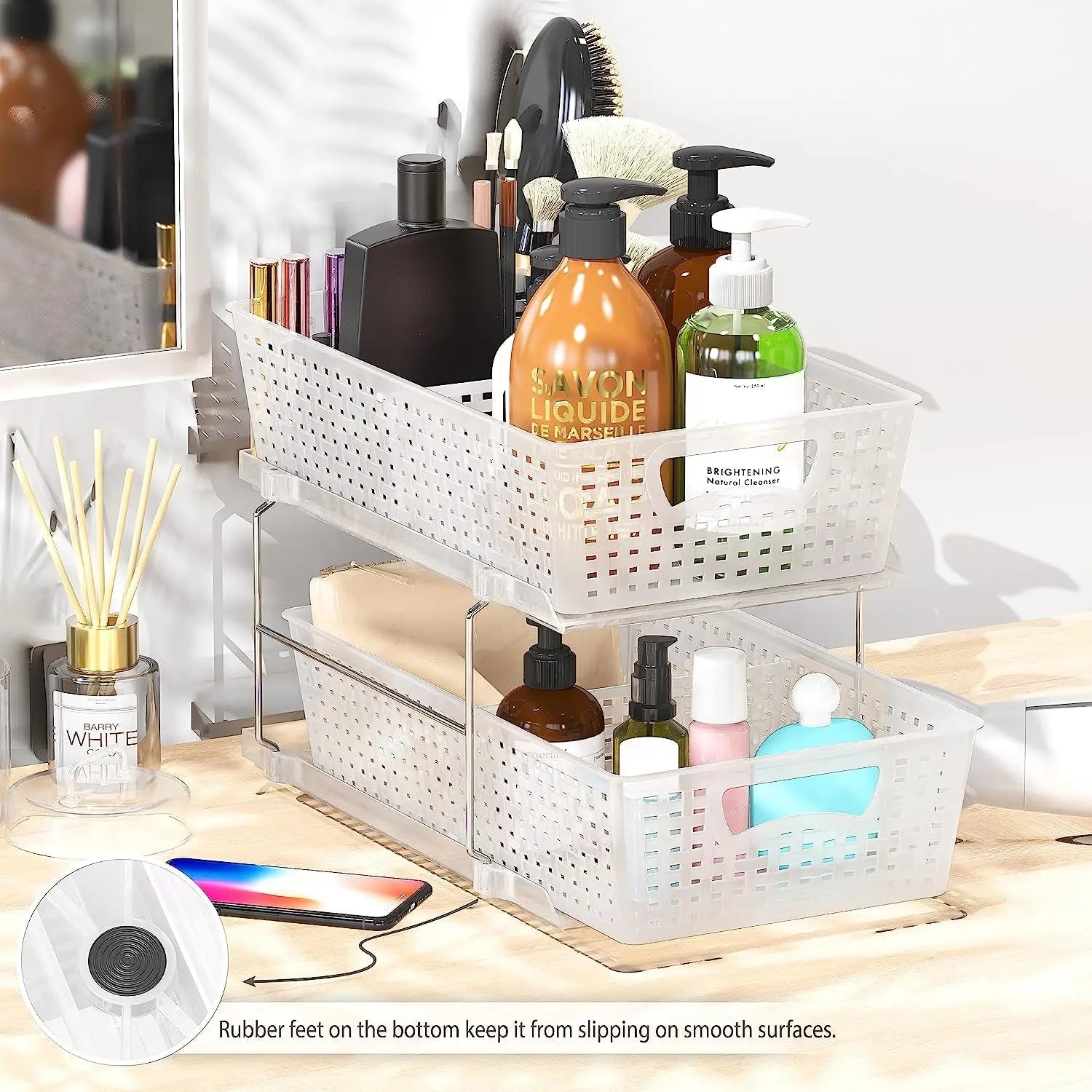 2 Tier Bathroom Organizer Tray Pull-Out Sliding Drawer/Under-Sink Storage, Clear