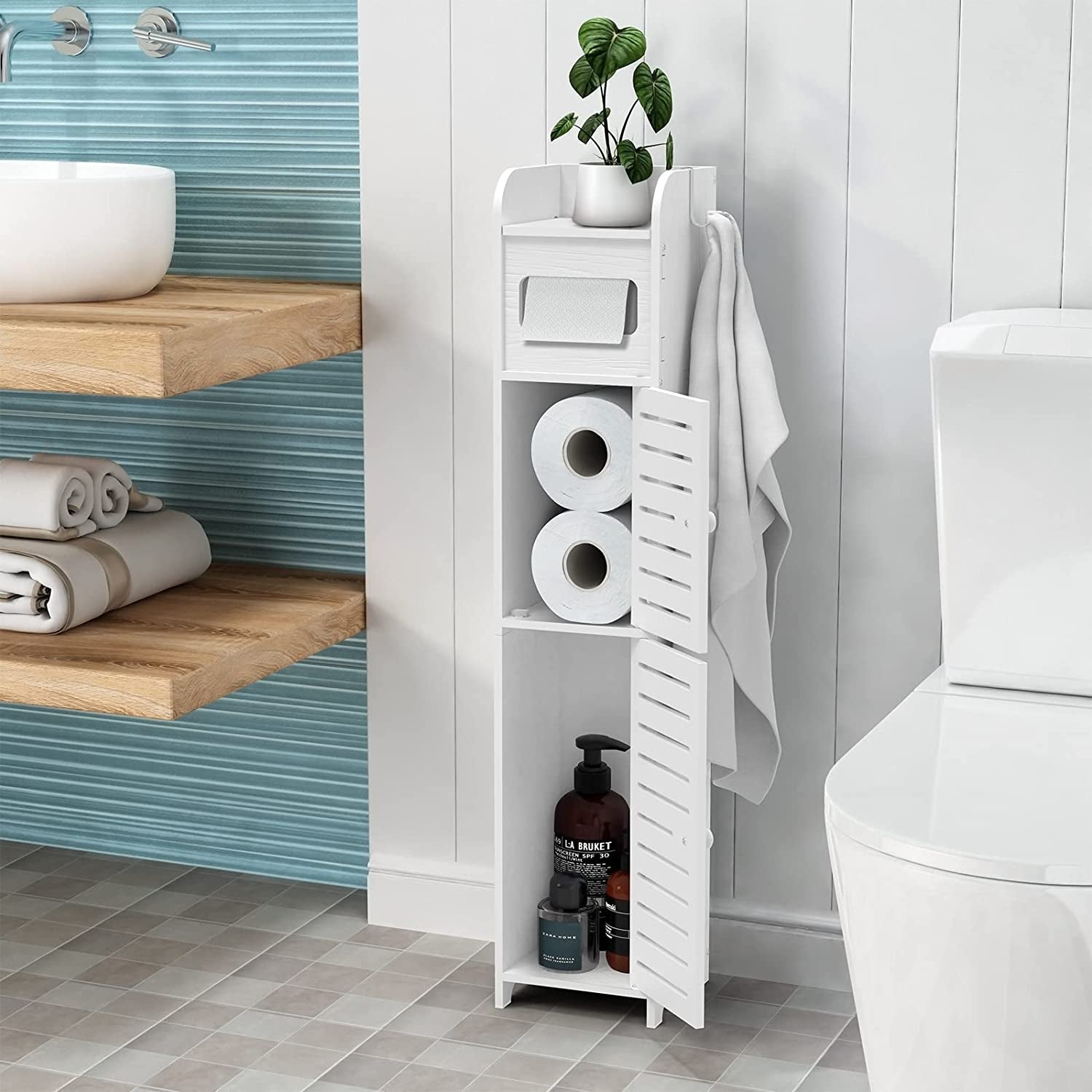 Upgrade Small Bathroom Storage Cabinet with 2 Doors and 2 Shelves, W6.3 X D6 X H31 Bathroom Organizer, 4 Tier Design Toilet Paper Storage Stand for Small Space and Corner(White)