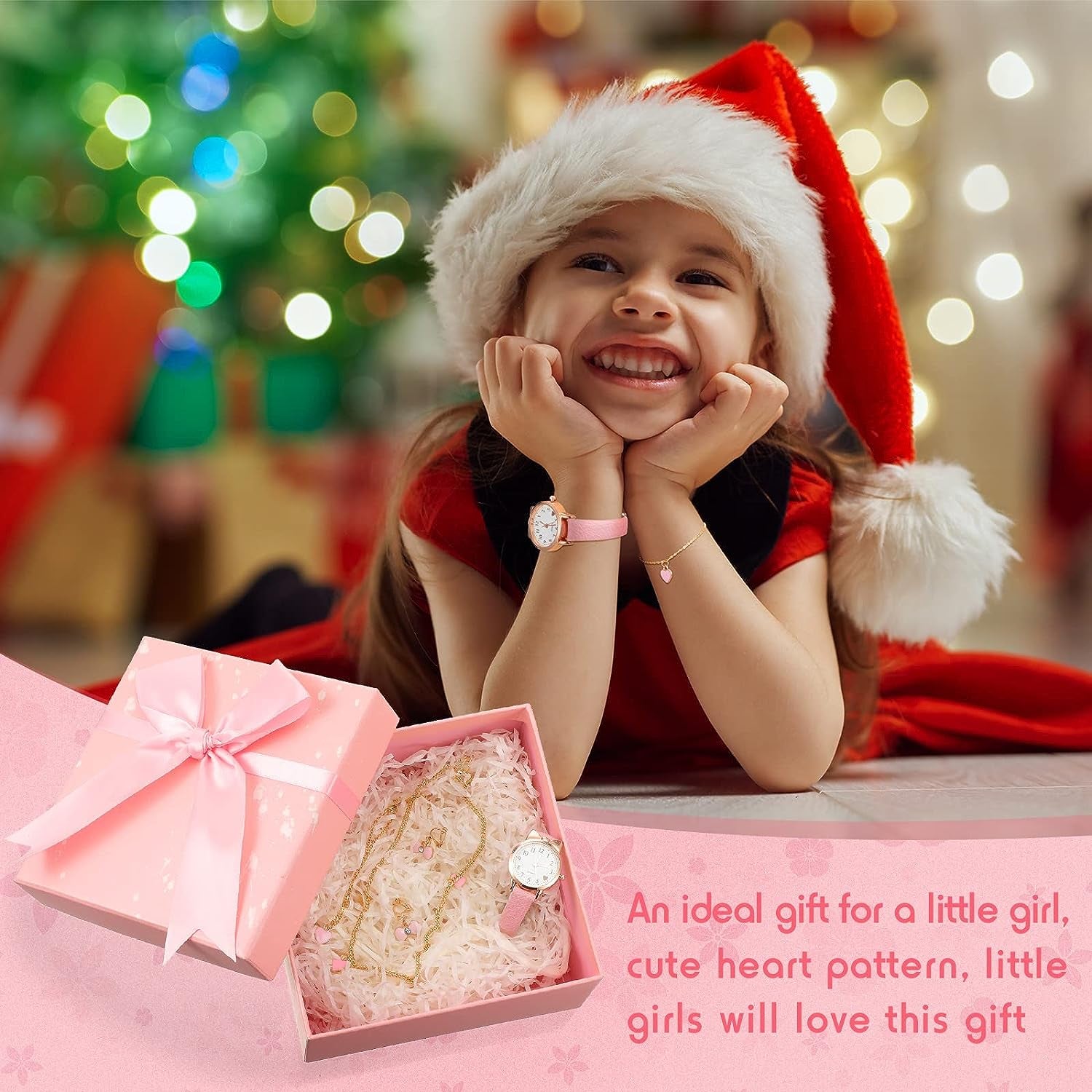 4 Pcs Children'S Watch and Silver Plated Jewellery Set Include Watch with Leather Strap, Necklace, 1 Pair Earrings and Bracelet for Kids Girls Birthday Gifts