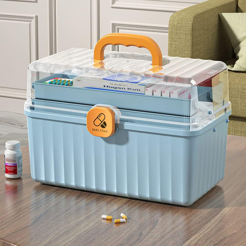 Portable First Aid Kit Medicine Box Organizer Storage Fold 3- Layer Large Medicine Cabinet Household Medicine Storage Box for Home School Clear Organizer Box