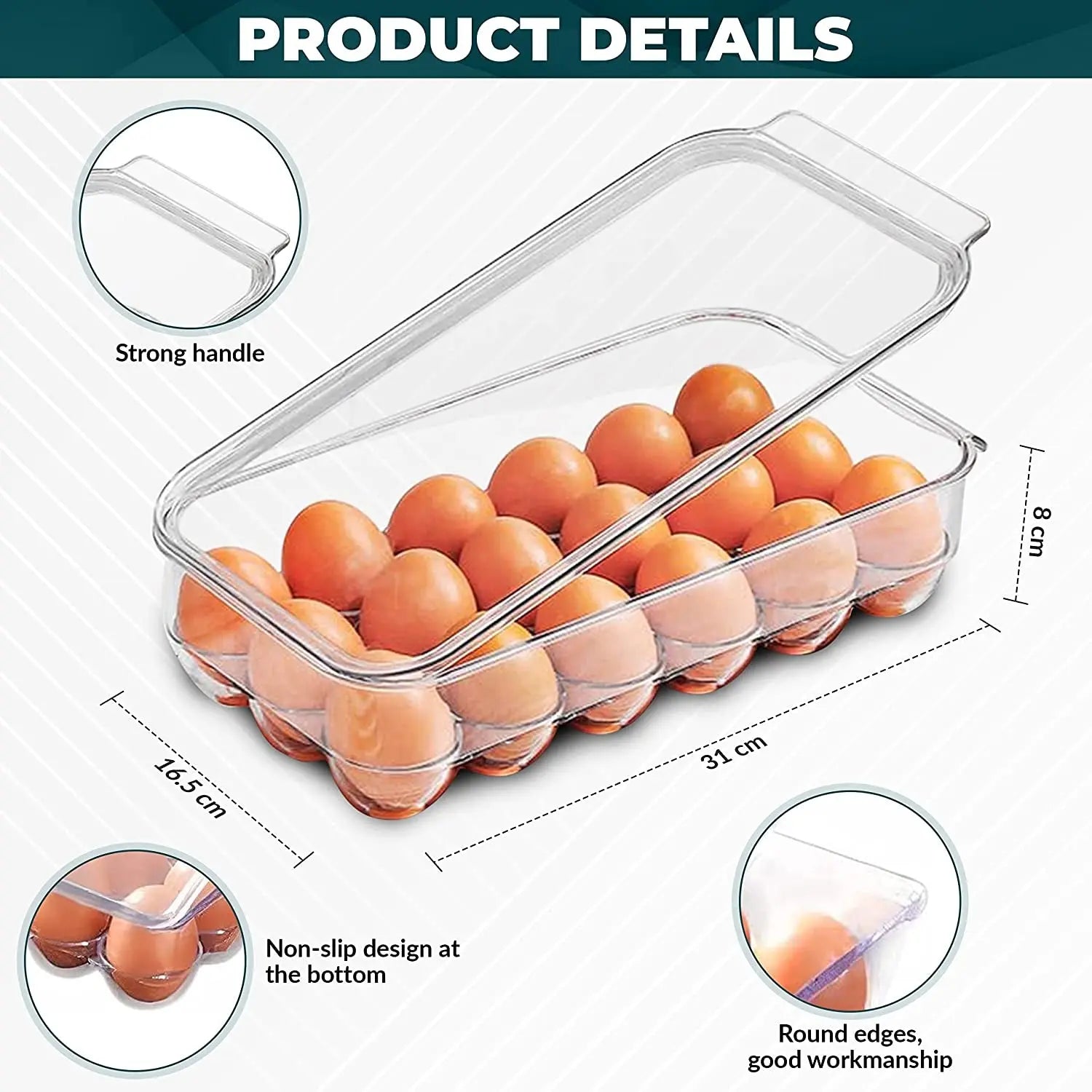 Egg Holder Tray Storage Fridge Container Box with Lid & Handles, Grid Egg Storage Containers for Refrigerator, Kitchen Utensil Gadgets and Accessories (18 Eggs)