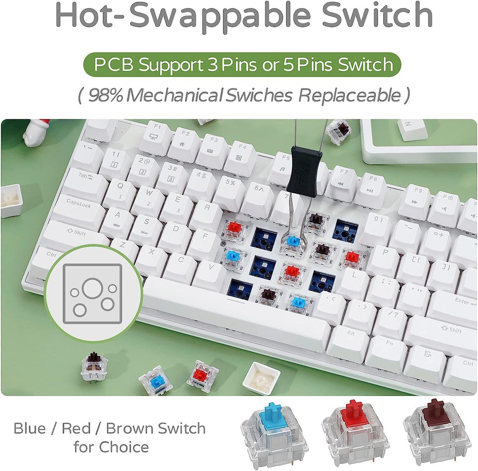 RK87 80% Mechanical Keyboard with USB Hub, 2.4G/Bt5.0/Wired, Wireless Bluetooth Mechanical Keyboard 87 Keys, RGB Hot Swappable Gaming Keyboard with Software, Brown Switch, White
