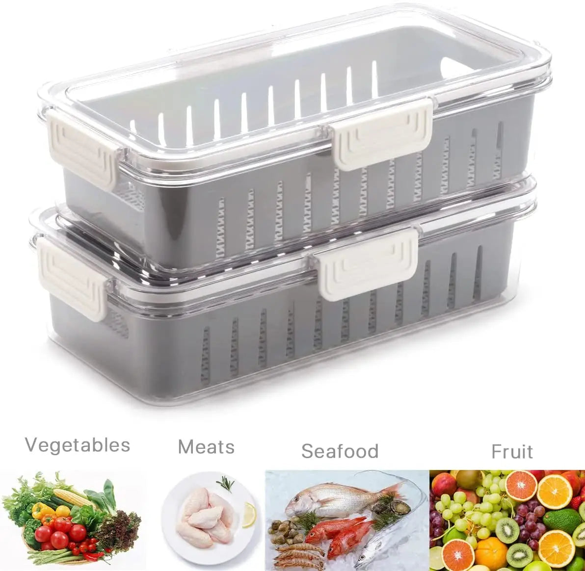 Set of 2 Kitchen Storage Box Stackable Container Organisation Bin with Snap Lid Removable Basket, Vegetable and Fruit Storage Container for Fridge Refrigerator