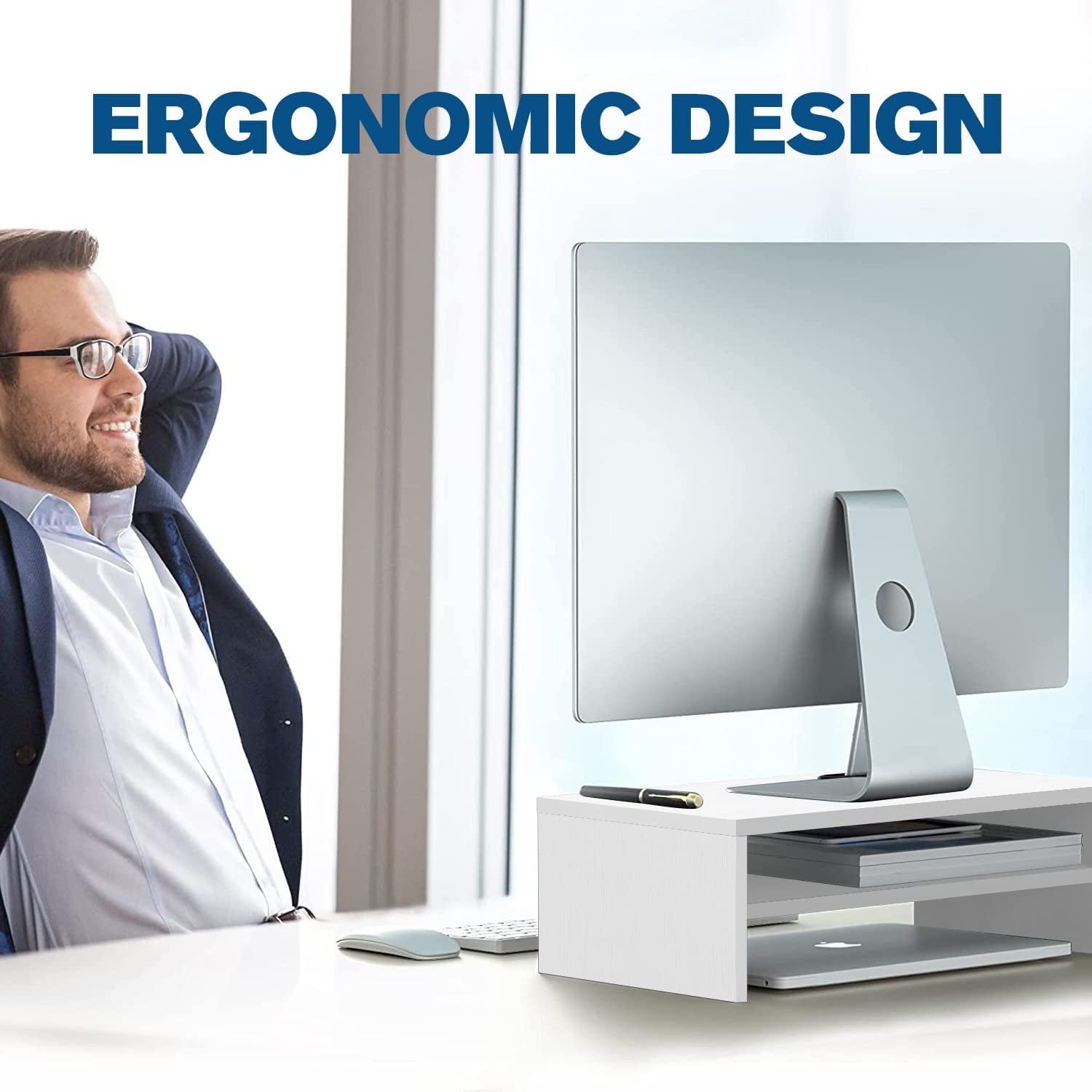 Monitor Stand,2-Tier Wood Computer Stand Riser,Monitor Stand Riser with Cellphone Holder,Desktop Stand Laptop Desk Riser,Ergonomic Desk Shelf Stand Organizer for Monitor/Printer/Laptops(White)