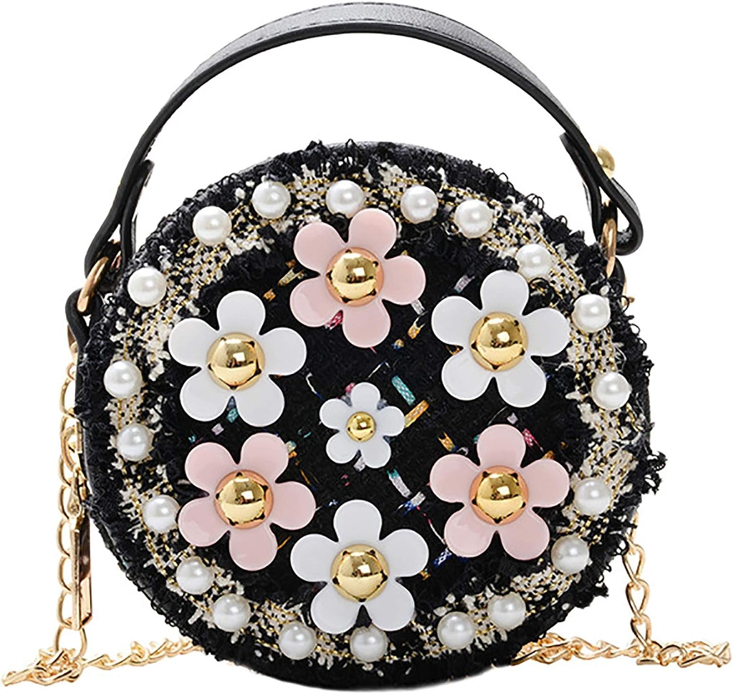 Little Girls Crossbody Purse with Pearl Flowers Mini Cute Princess Handbags Shoulder Bag for Girls Toddler Kids