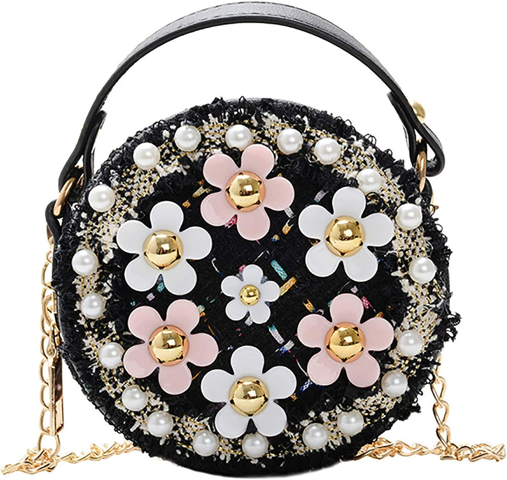 Little Girls Crossbody Purse with Pearl Flowers Mini Cute Princess Handbags Shoulder Bag for Girls Toddler Kids