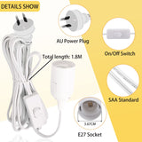E27 Cable Cord with On/Off Switch, E27 Lamp Base Holder Socket AC AU Power Plug, 1.8M Extension Lights Lamp Bulb Cord for Bedroom Kitchen Plant Growth DIY Hanging Lanterns Pendant Light (White)
