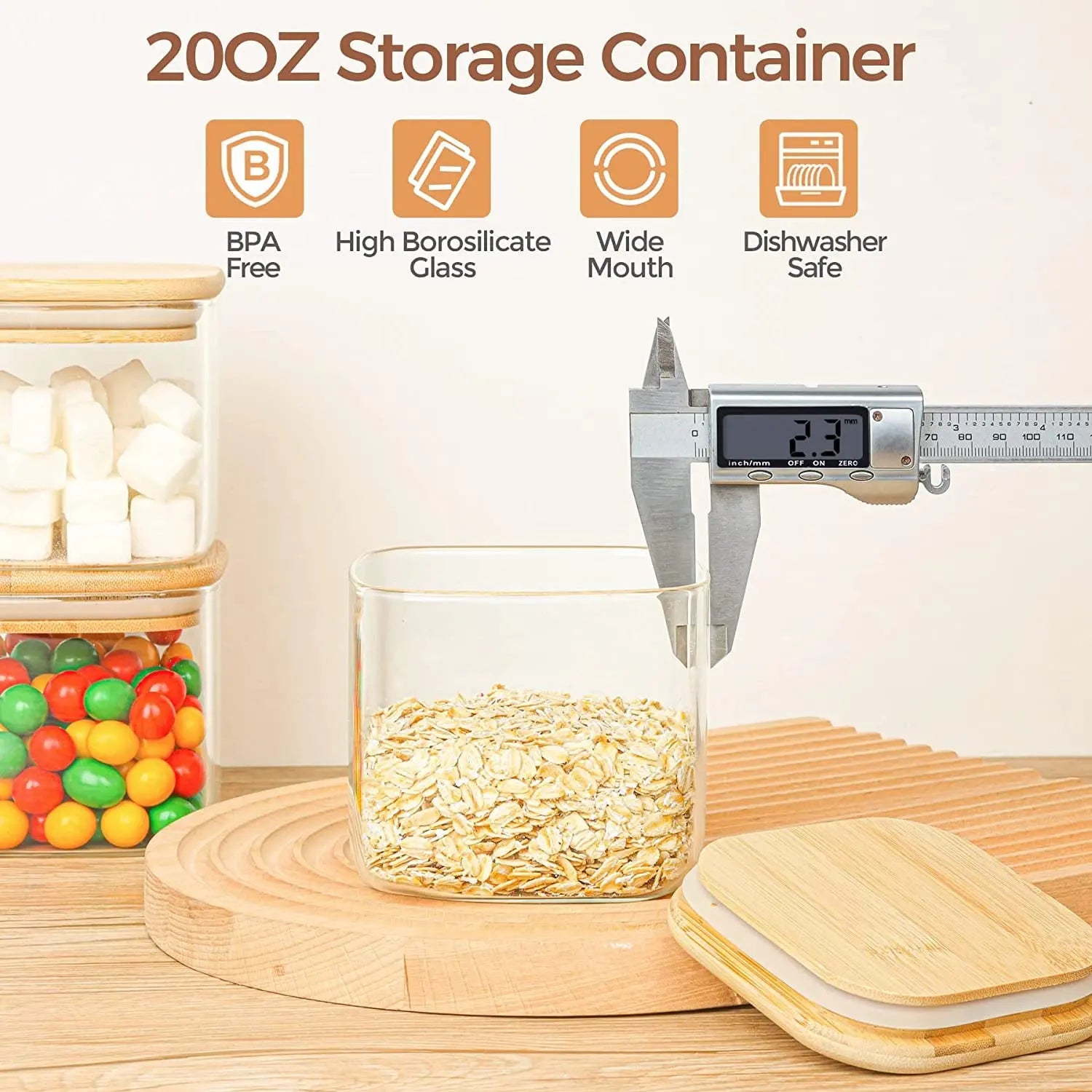 20 Oz Glass Food Storage Jars Set of 6, Clear Storage Containers with Airtight Bamboo Lid, Pantry Organization Jar, Spice, Blooming Tea, Coffee and Sugar Container, Canister Set for Kitchen