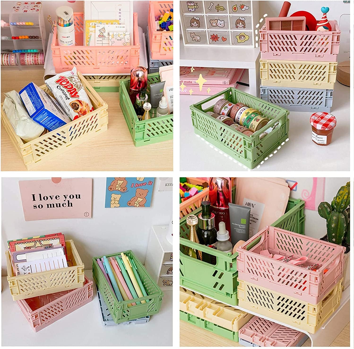 Mini Baskets Plastic for Shelf Home Kitchen Storage Bin Organizer,Stacking Folding Storage Baskets for Classroom Bedroom Bathroom Office 4-Pack