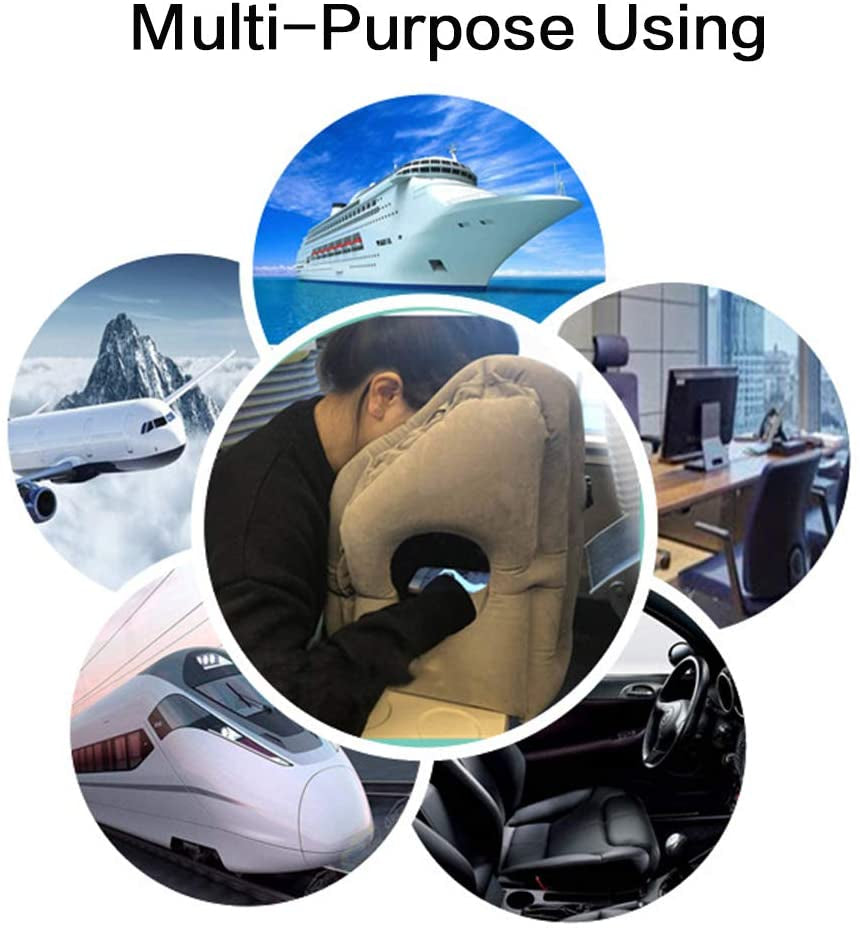 Inflatable Travel Pillow,  Inflatable Airplane Pillow Comfortably Supports the Head, Neck and Chin, Inflatable Neck Pillow with Free Eye Mask/Earplugs (Grey)
