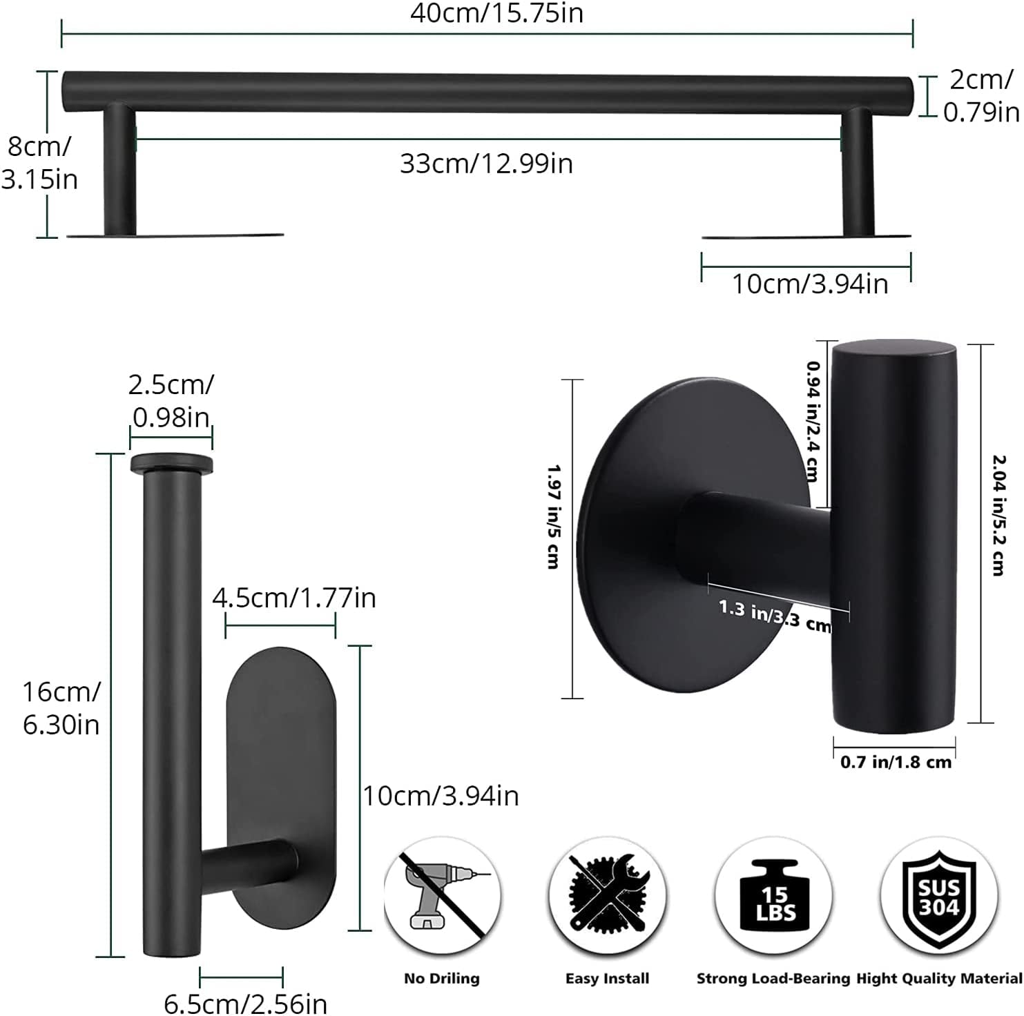 Adhesive Towel Bar,Bath Towel Bars/15.7-Inch Bathroom Towel Hanger Kitchen Storage Organizer SUS304 Stainless Steel Wall Mount (Black 5-Piece Set)