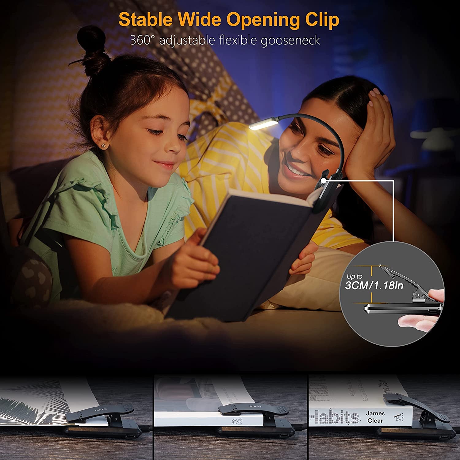Book Light Rechargeable for Reading in Bed,  9 LED Reading Light Book Lamp with Power Indicator, 3 Eye -Protecting Modes- Stepless Dimming, Long Battery Life, 360° Flexible Clip-On Book Light