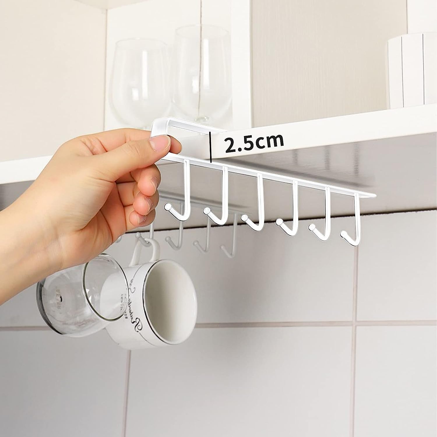 2Pack under Cabinet 6-Mug Hooks under Shelf, Multi-Function Cup Mug Holder for Kitchen under the Closet Hanging Organizer Hooks, Kitchen Storage Rack Hooks Utensil for Mug Cabinet Shelves White