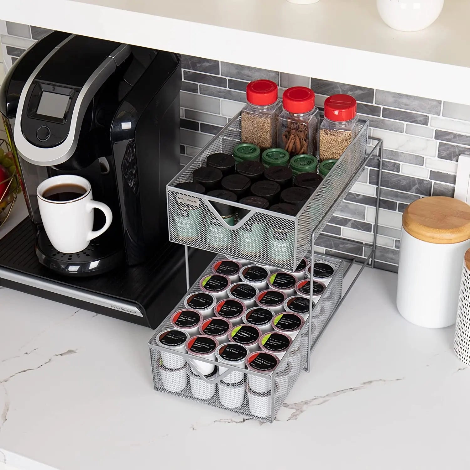 2 Tier Metal Mesh Storage Baskets Organizer, Home, Office, Kitchen, Bathroom, Silver