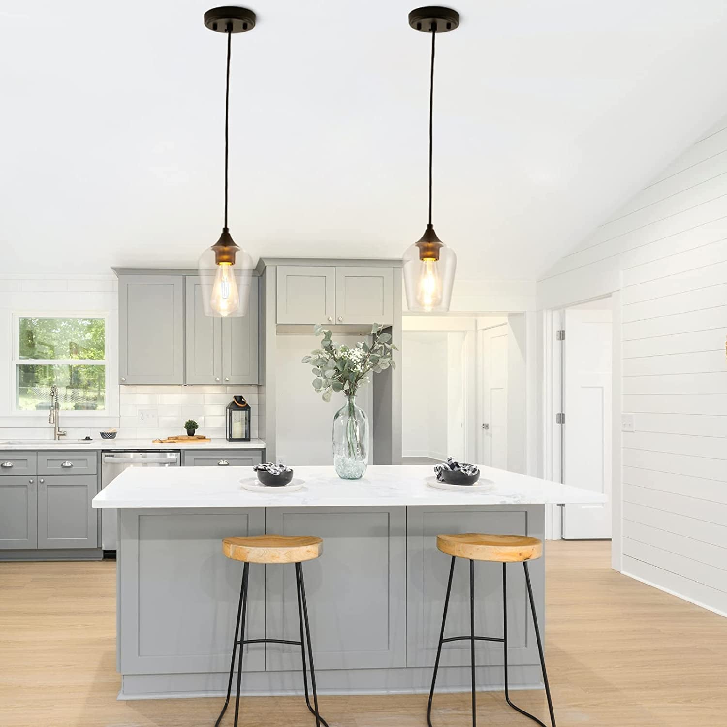 Black Pendant Lights, Mini Glass Cylinder Pendant Light Fixture, Adjustable Clear Glass Shade Hanging Ceiling Lamp, Industrial Pendant Lighting for Kitchen Island, Dining Room, Hallway, 2 Pack