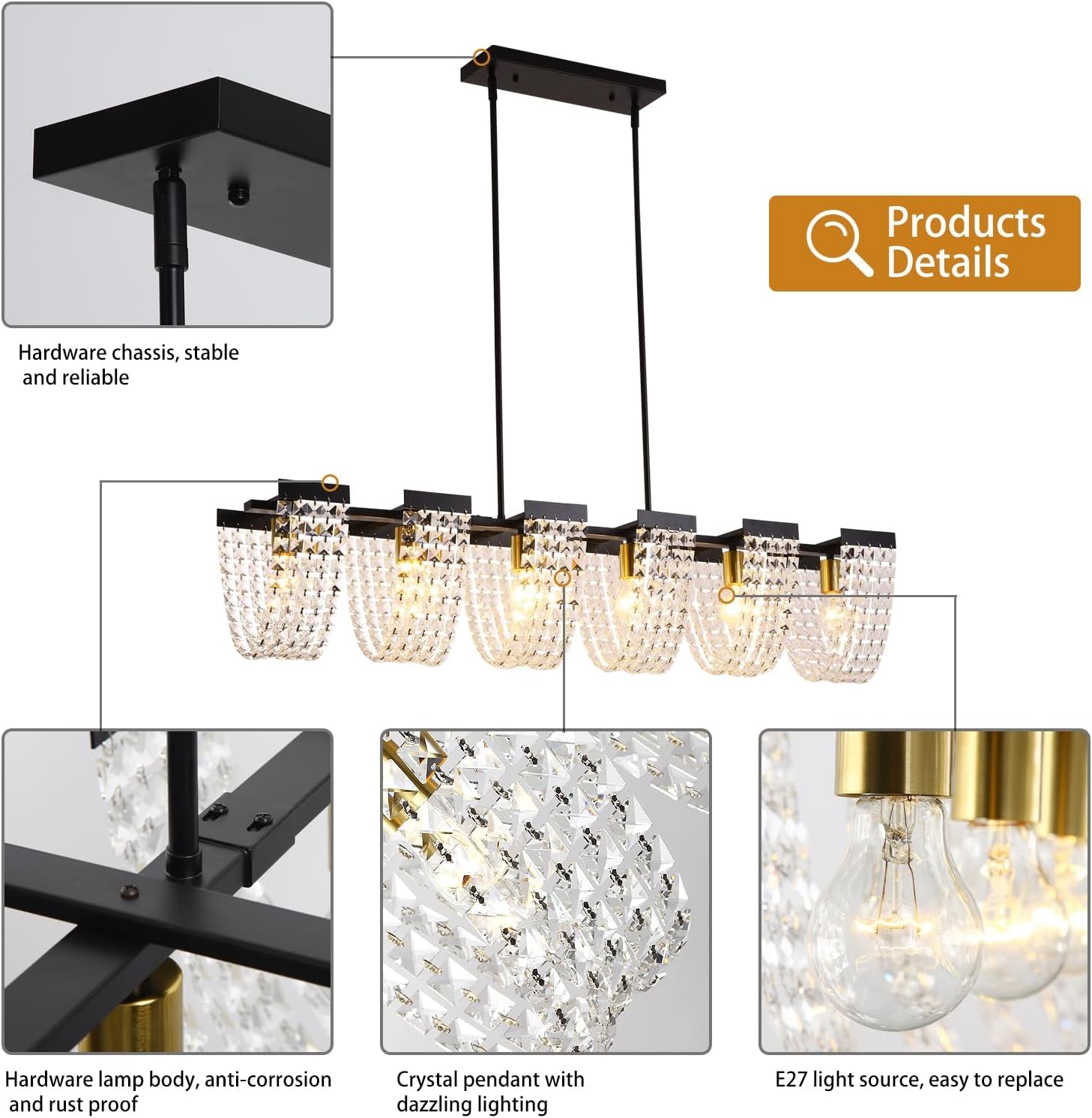 6-Light Kitchen Island Lighting Farmhouse Black Dining Room Chandelier Vintage Adjustable Linear Pendant Light Fixture with Metal&Crystal Finish (48" Length, E27 Bulbs)