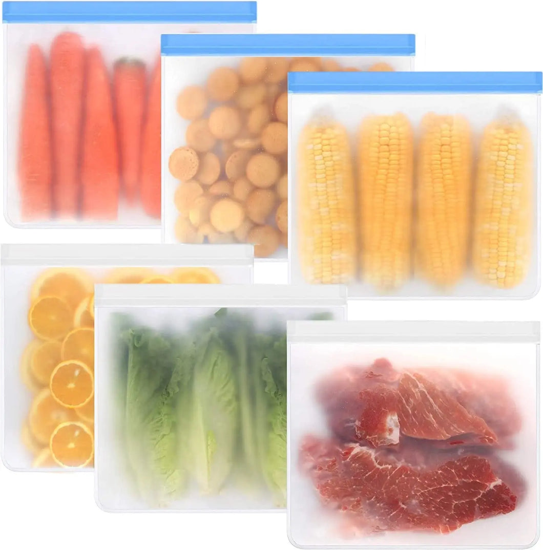 6 Pcs Reusable Gallon Ziploc Organization Bags, Large Capacity Fridge Freezer Bags Silicone Kitchen Storage & Organisation Pouch Bags for Sandwich Baby Food Storage (Blue+Clear)