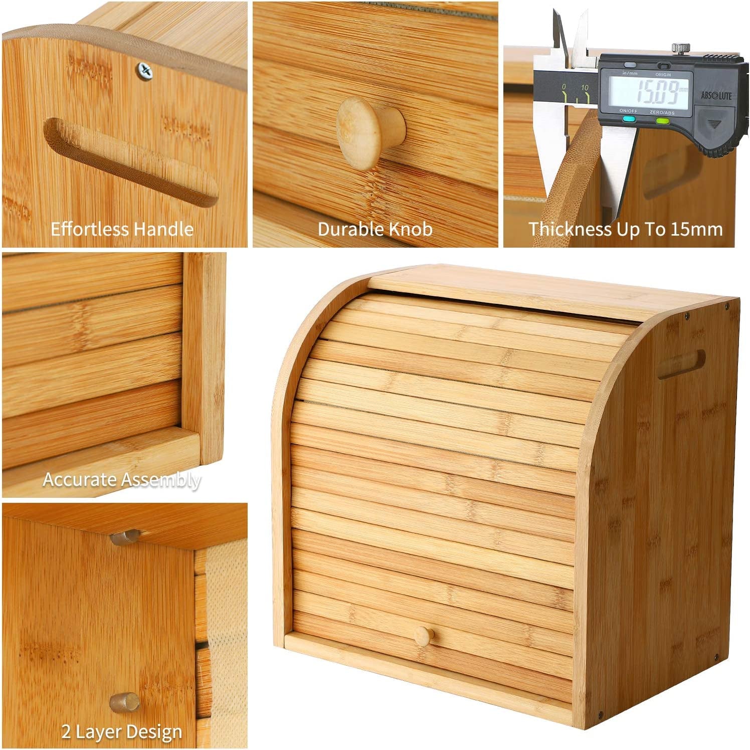 Bread Box, 2 Layer Bamboo Bread Boxes for Kitchen Food Storage, Large Capacity Bread Keeper Roll Top with Removable Layer, 15" X 9.8" X 14.2", 15 Mm Thickness (Self-Assembly)