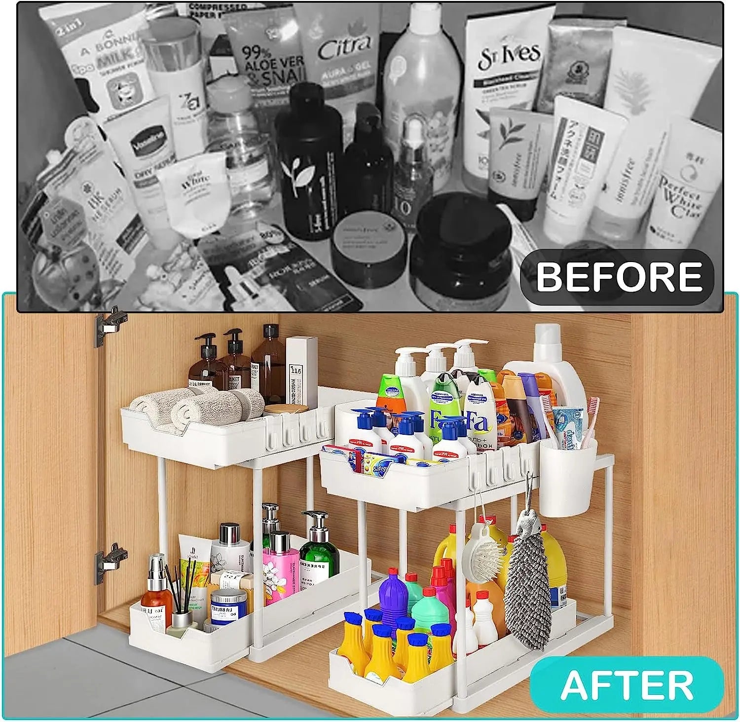 2-Tier Pull Out Sliding Drawer under Sink Storage Organiser for Kitchen Cupboard - Bathroom Organiser Sink Storage for Laundry Storage & Organisation (2 Pack)