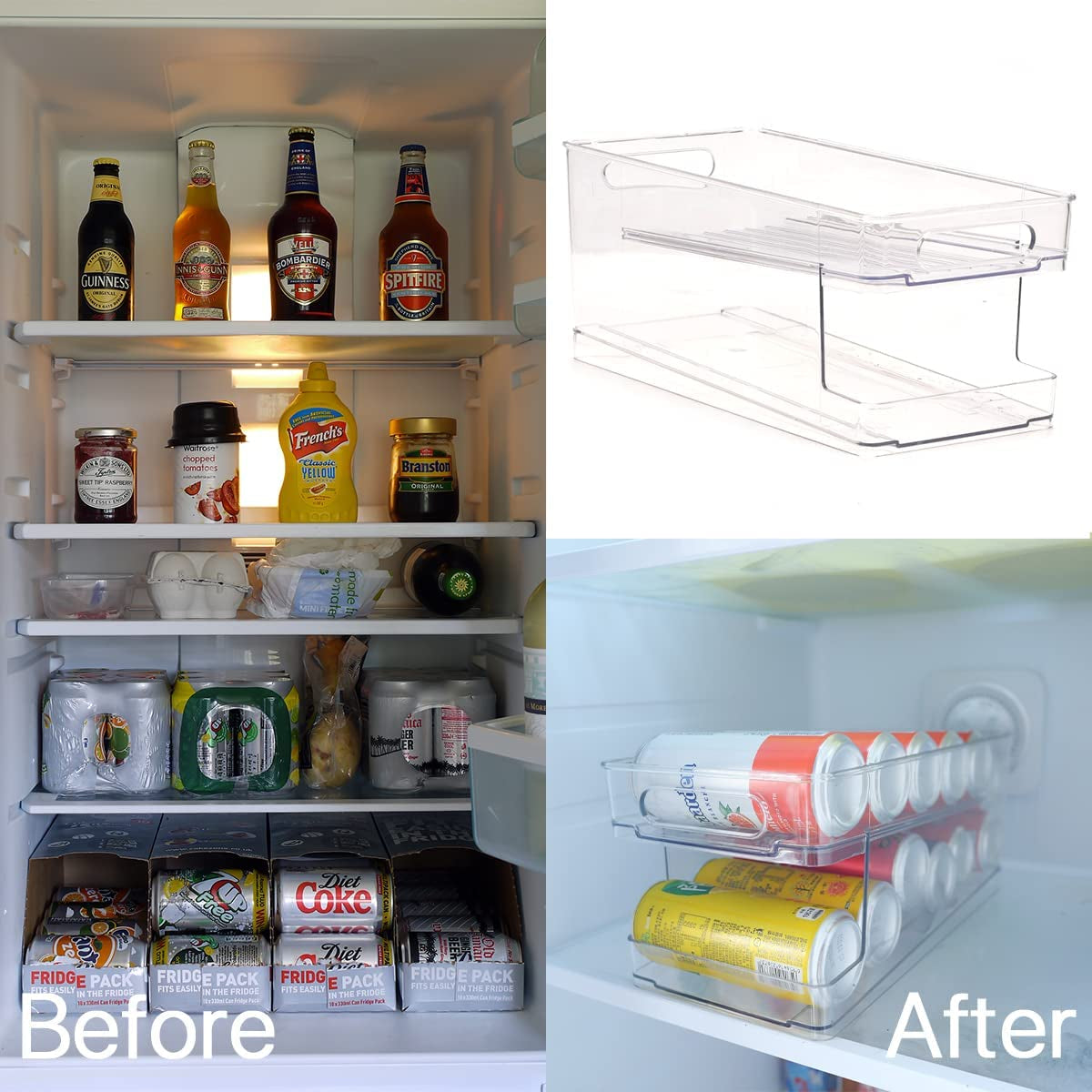 2-Layer Fridge Rolling Cans Dispenser Scrolling Cans Tins Holder Rack Fridge Storage Organiser Bin for Fridge Soda Beer Kitchen Cupboard Pantry Refrigerator Freezer