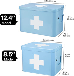 First Aid Medicine Box Supplies Kit Organizer - 13" Blue Metal Tin Medic Storage Bin Hard Case with Removable Tray White Cross, Vintage Antique Empty Boxes for Home Family Emergency Tool Set