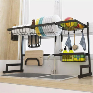 Dish Drying Rack over Sinks with Adjustable Length (85-105Cm) Stainless Steel over the Sink Shelf Dish Holder Storage Kitchen Sink Organiser with Max Load 15Kg, Black