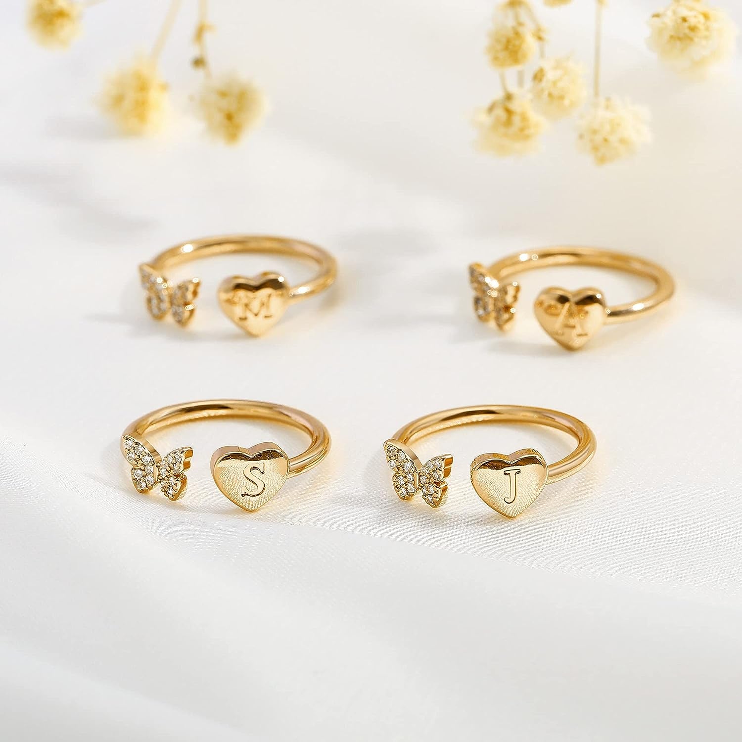 Stackable Initial Rings for Women Girls, Rose Gold Plated Butterfly Capital Letter Initial Rings for Women Teens Girls Letter Rings Stackable Rings for Girls Teen Girls