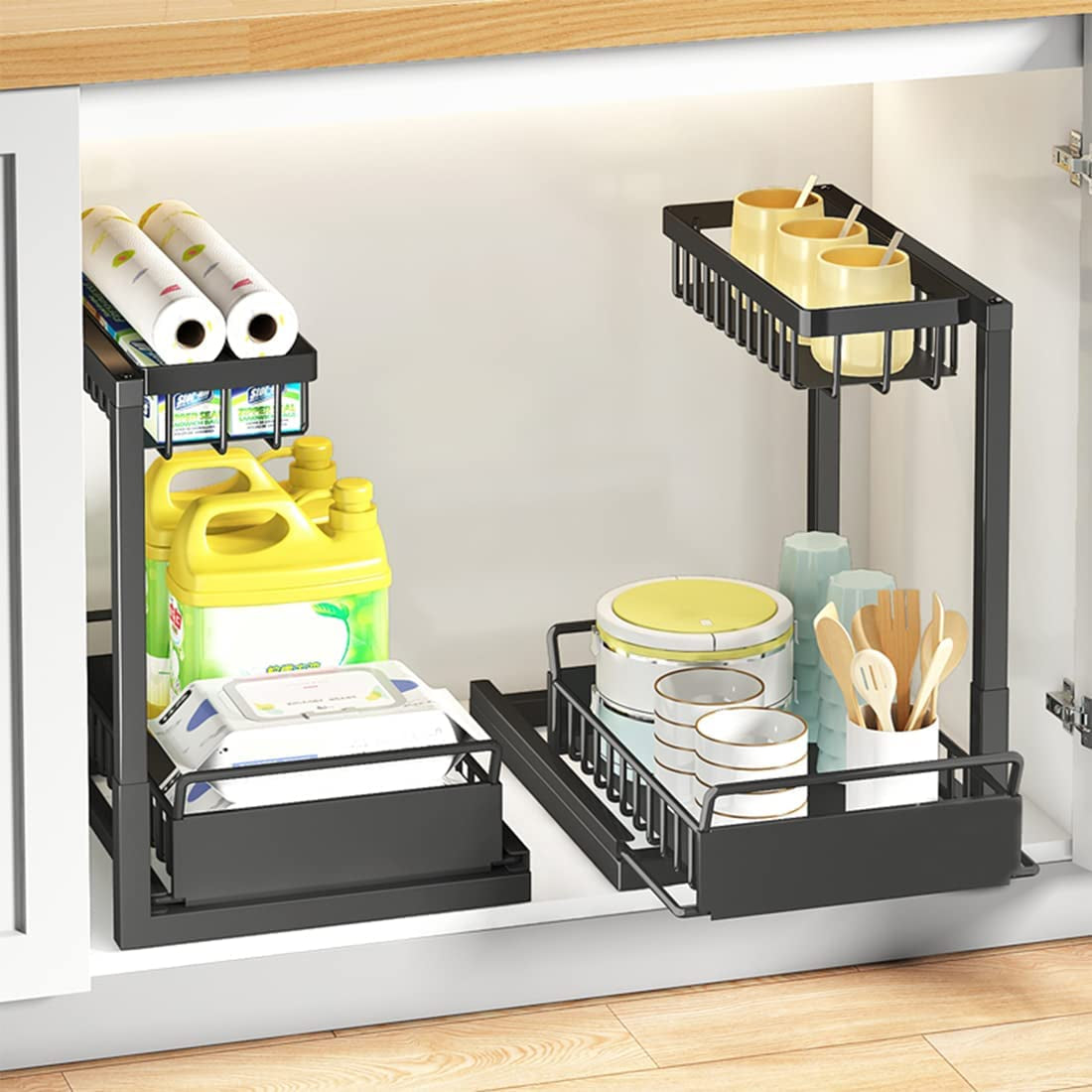 2 Pack under Sink Organiser,2-Tier Pull-Out under Cabinet Storage，Multi-Use for Kitchen Bathroom Organizers and Storage