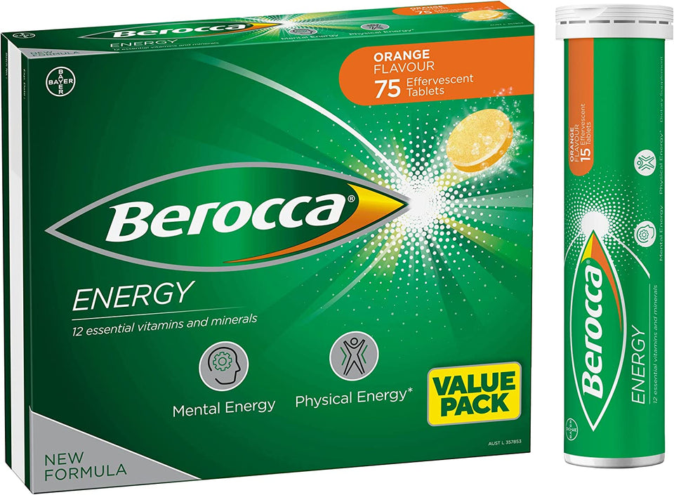 Energy Vitamin with 12 Essential Vitamins and Minerals to Help Support Physical Energy and Mental Sharpness, Orange Flavour, 75 Effervescent Tablets