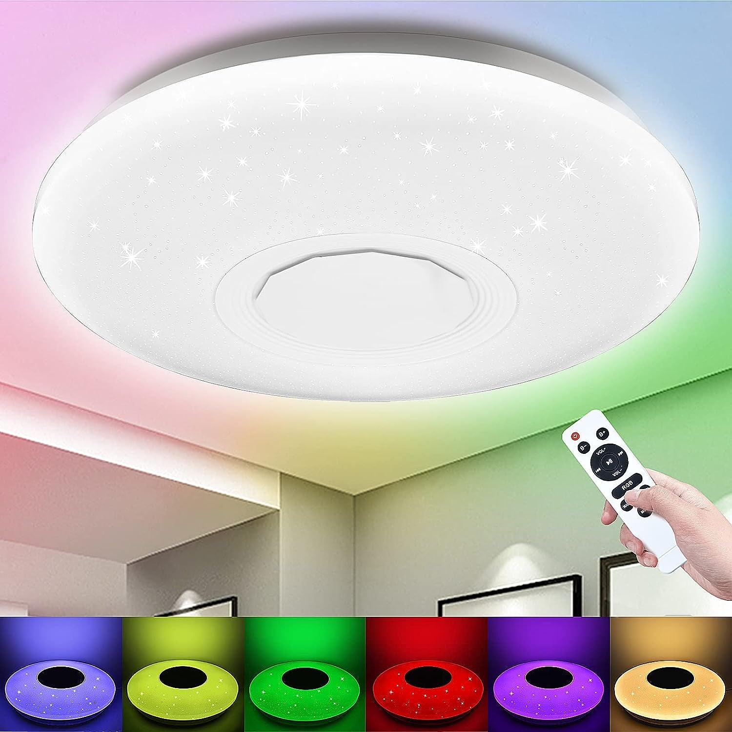 Blue_Bone LED Ceiling Light 32W Ø 40Cm Smart with Bluetooth Speaker RGBW Color Changing App or Remote Control Flush Mount Lamp for Kitchen Living Children'S Bedroom(1920Lm RGB 3000K-6500K)