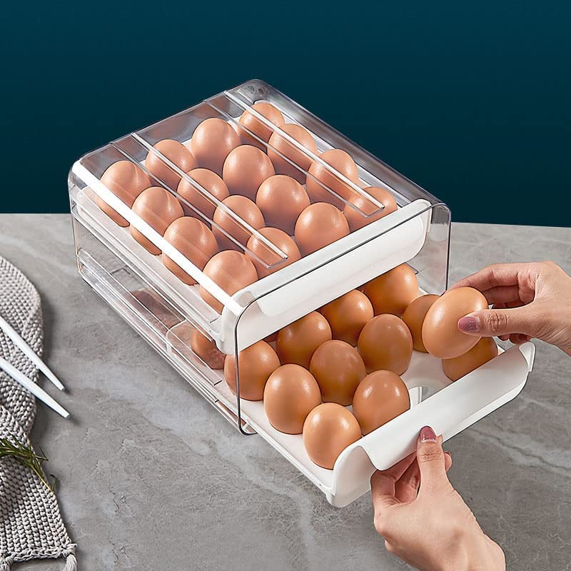 Egg Container for Refrigerator, Double-Layer 32 Grid Egg Holder Egg Tray, Refrigerator Egg Storage Tray Egg Holder Container Drawer, Stackable Clear Egg Organizer Storage Box (White)