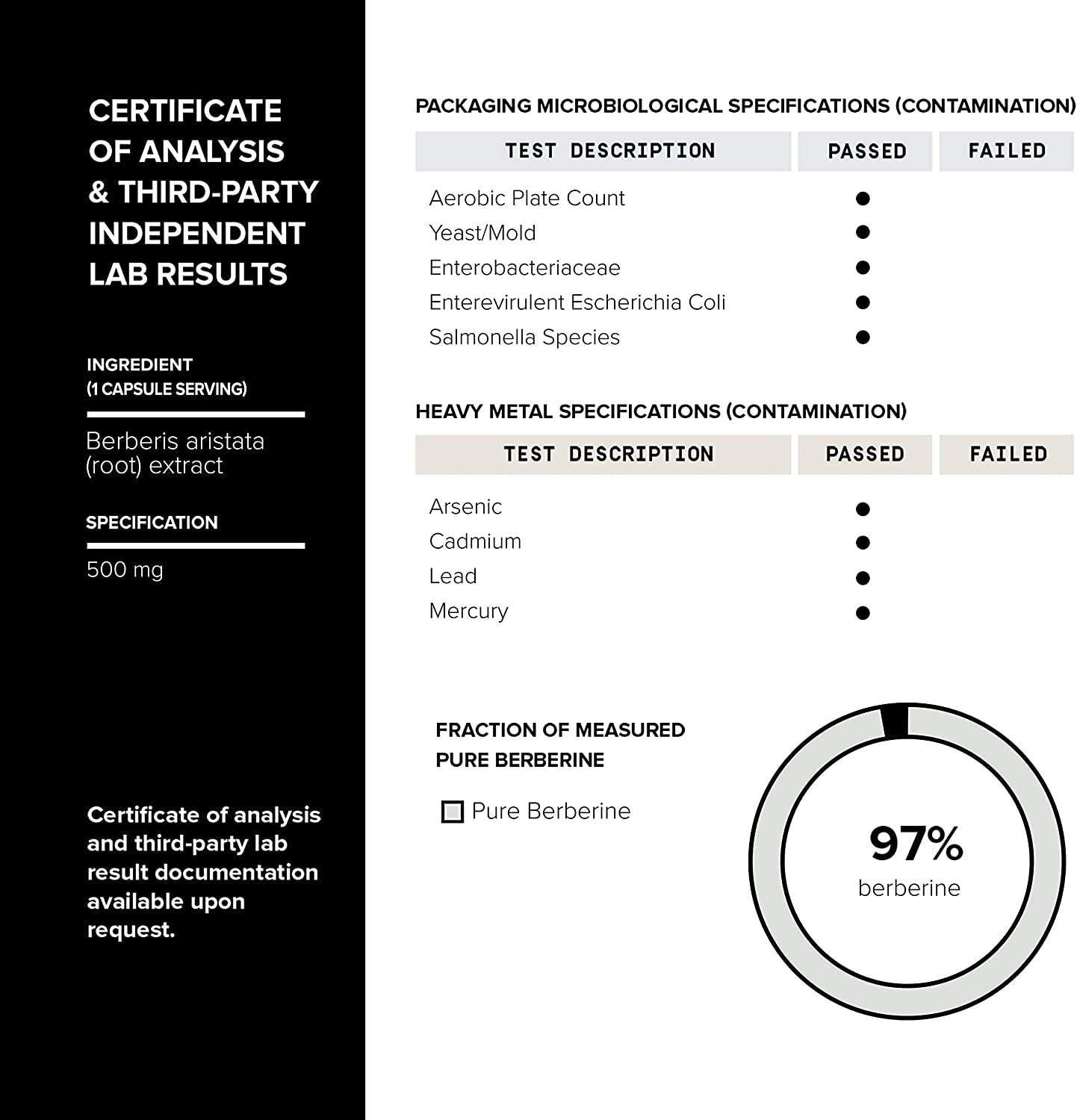 Ultra High Strength Berberine Hcl from the Himalayas - 97% Standardized Purity - All Natural Extraction - 82:1 Concentrated Extract - the Strongest Berberine 500Mg Available - 90 Veggie Capsules